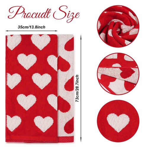 Sucrain 2Pcs Valentine’s Day Hand Towels Red White Hearts Cotton Bathroom Decorative Towels Set for Drying, Cleaning, Cooking, Holiday 13.8'' x 28.7''