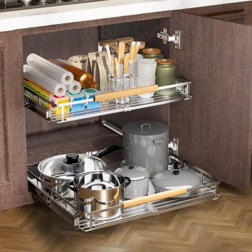 taiheis 2 Pack Expandable Pull Out Cabinet Organizer，Side Mounting 12.3~18.5"x22.5"Cabinet Pull Out Shelves, Expandable Slide Out Spice Rack for Kitchen Bathroom Office