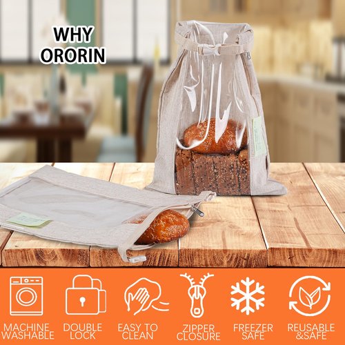ORORIN Reusable Bread Bags for Homemade Bread,Linen Sourdough Bag Storage Container with Clear Window,Zipper Freezer Bags to Keep Fresh,Sourdough Accessories,2-Pack (Patented)