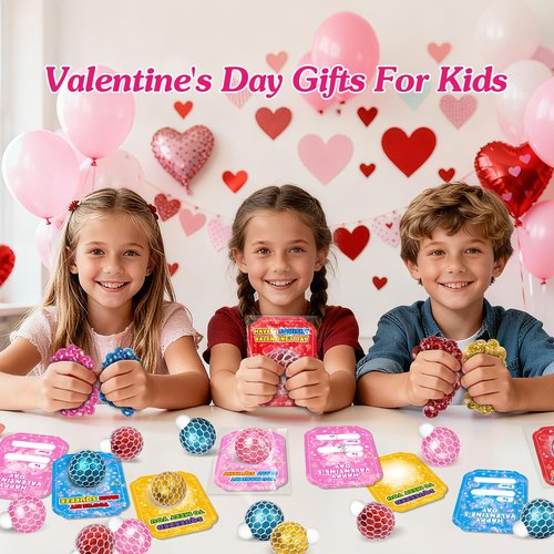 SpringFlower Valentines Day Cards for Kids School, 24 Pack Valentines Cards with Squeeze Stretch Fidget Toy Balls,Valentines Day Gifts for Classroom Exchange,Valentines Party Favors Prizes for Kids