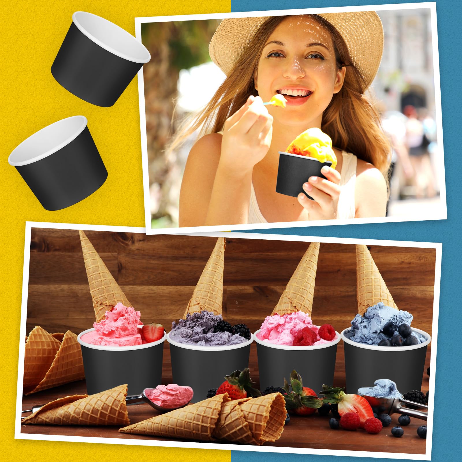 Nuenen 8 oz Summer Ice Cream Paper Cups Bulk Disposable Dessert Cups Solid Color Paper Dessert Bowls for Snack Sundae Spring Party Favors Ice Cream Bar Supplies(Black,300 Pcs)