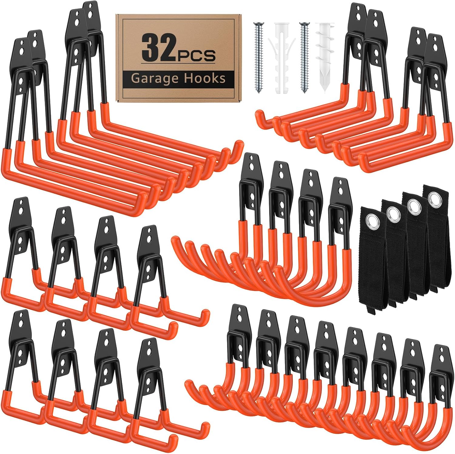 Skiennix 32 Pack Garage Hooks - Heavy Duty Wall Mount with Anti-Slip Coating for Storage & Organization
