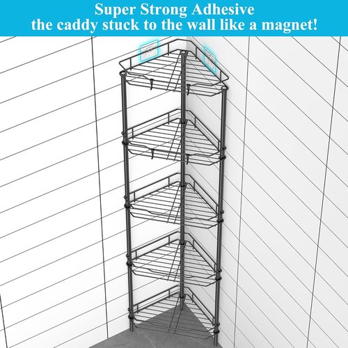 HuggieGems 5-Tier Corner Shower Caddy Organizer - Stylish Matt Black Bathroom Shelf with Hooks