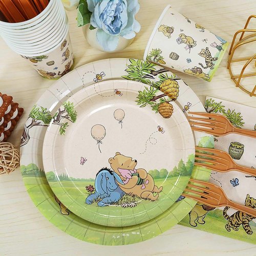 192pcs Winnie Birthday Decorations, Vintage Pooh Bear Plates Napkins Cups Forks Tablecloth Balloons Banner Hanging Swirls Cupcake Toppers for Boy Girl Party Supplies 25 Guests