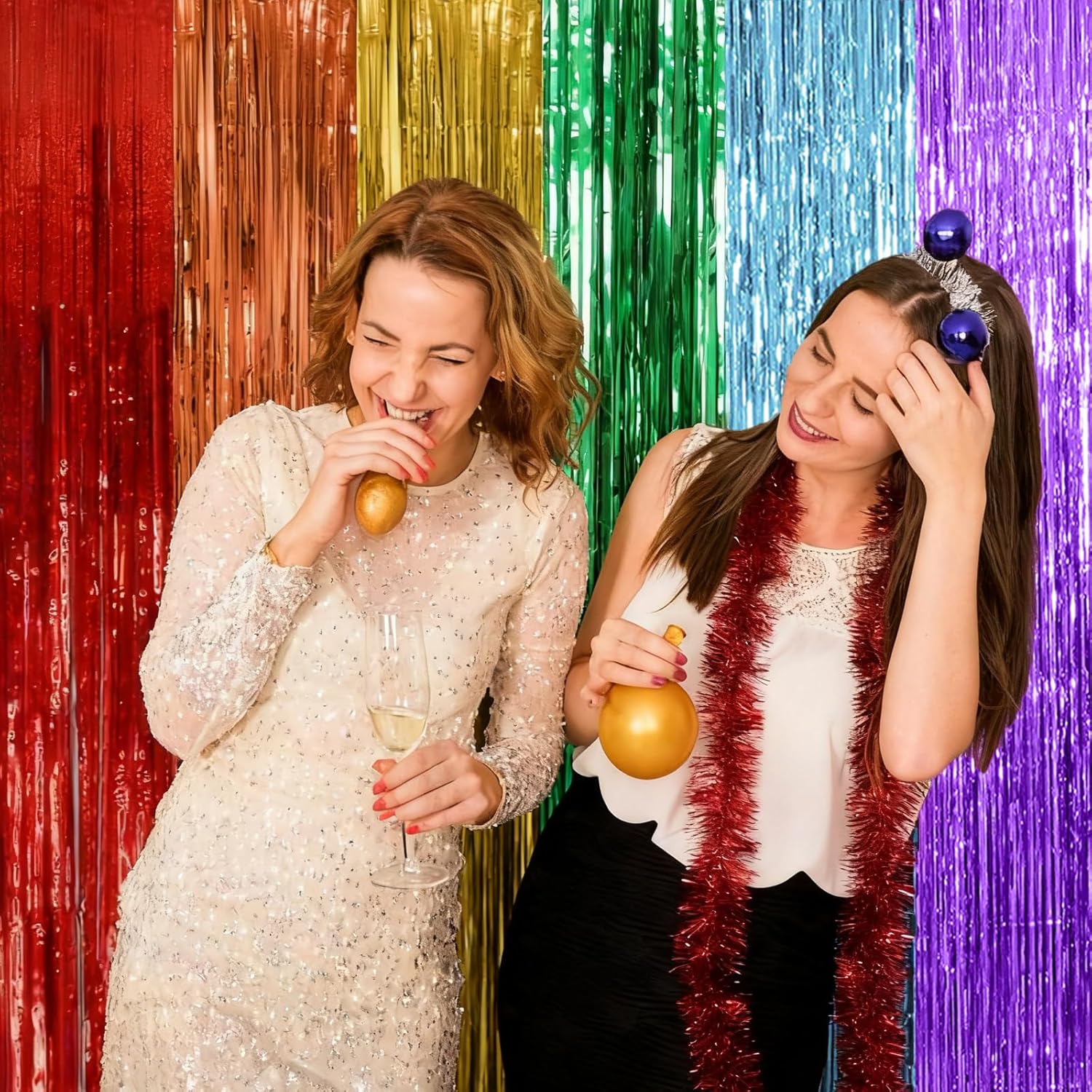Skiennix Rainbow Party Backdrop Streamers - Colorful Foil Fringe Curtains for Events | 2 Pack