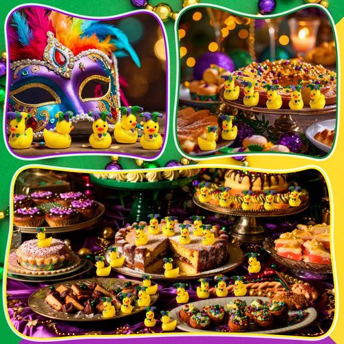 Weysat 60 Pcs Mini Mardi Gras Cruise Resin Ducks Tiny Yellow Green Purple Resin Ducks with Mardi Gras Hat Miniature Figurine Bulk Tabletop Shelf Decor for Masquerade Birthday Party Carnival Gift
