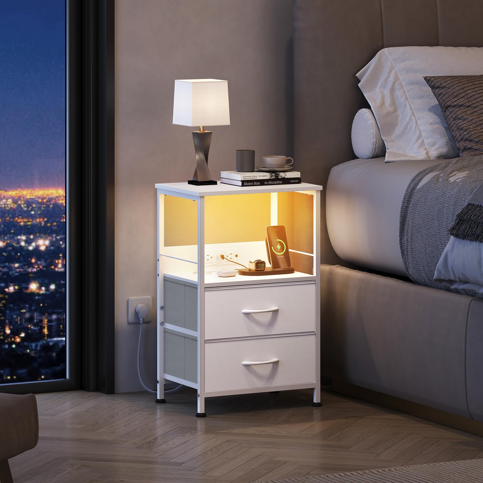 WLIVE White Night Stand Set of 2 with Charger Station, LED Nightstand with 2 Fabric Drawers and Storage Shelf, Bedside Tables with 3 USB Ports and 2 Outlets, Small Dresser for Bedroom,Small Space