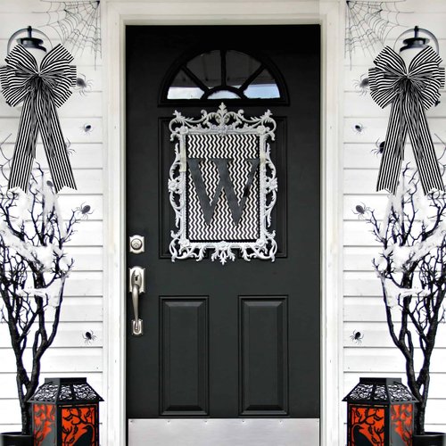 Hongsome 2 Pack Black White Stripe Halloween Fall Bows for Wreaths,12”x20”Black and White Christmas Decorations Bow for Tree Topper Gothic Spooky Holiday Birthday Party Wall Home Front Door
