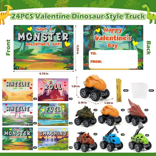 SANANT Valentines Day Cards for Kids School - 24 Pack Pull Back Monster Dinosaur Truck Toys with Cards, Valentines Day Gifts for Kids, Valentines Classroom Exchange Prizes, School Party Favor Toys