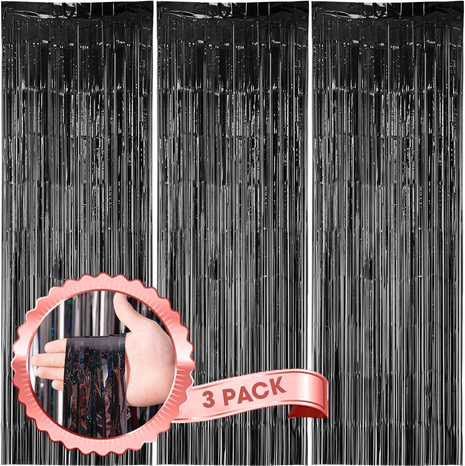 Voircoloria 3 Pack Laser Black Foil Fringe Backdrop Curtains - 3.3 x 8.2 ft Tinsel Streamers for Parties