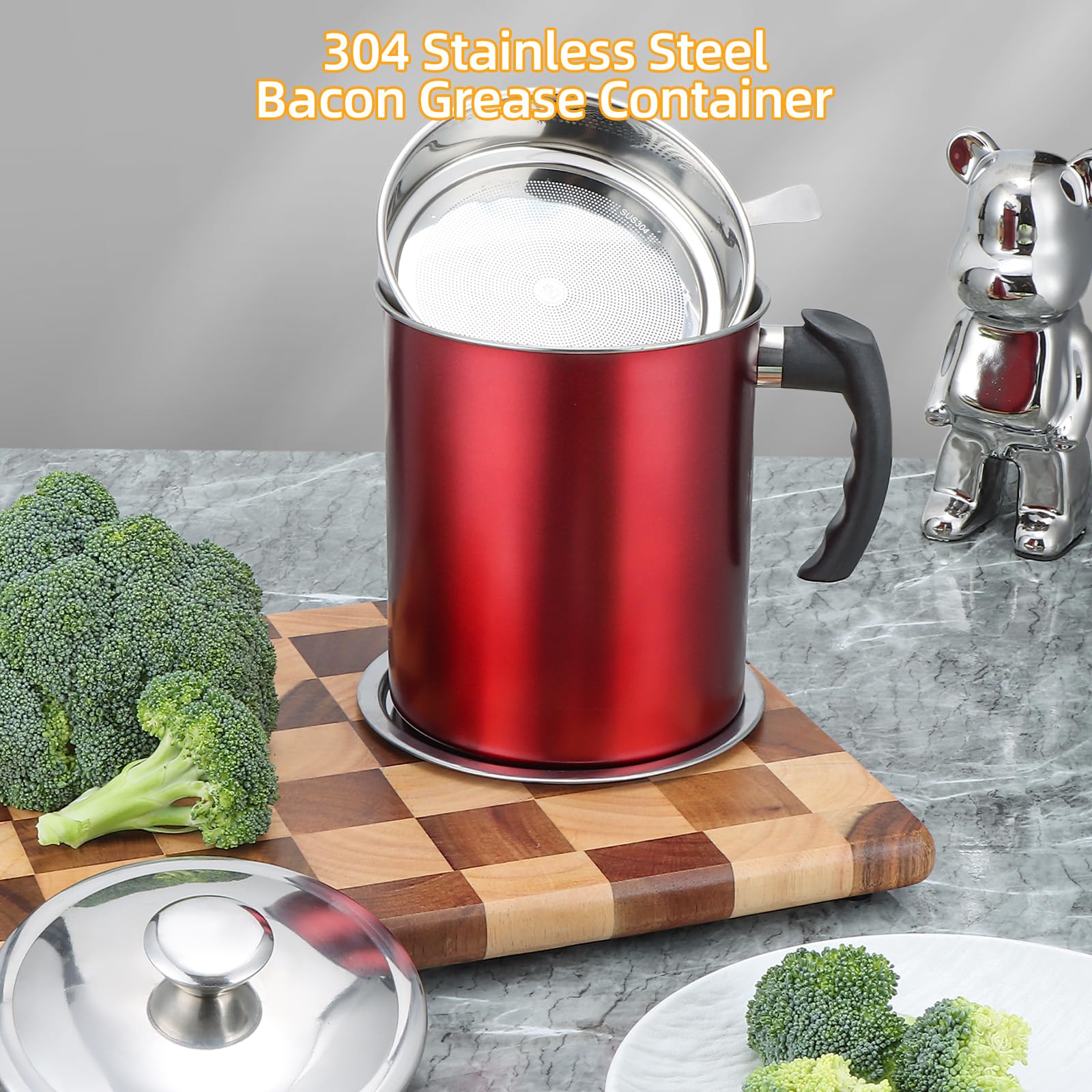 Kaemi 2.2L / 74OZ Bacon Grease Container with Strainer, Red Grease Keeper Can Oil Storage Catcher for Kitchen with Lid and Easy Grip Handle for Storing Meat Frying and Cooking Oil