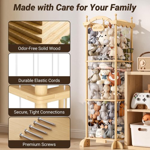 COSYLAND Large Stuffed Animal Storage Organizer for Kids, Wooden Plush Toy Holder with Top Rope Clips, Elastic Cords & Nameplate, Holds 70+ Stuffed Animals for Playroom & Corner