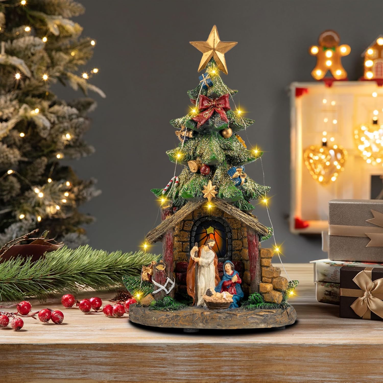 VISFLAIR 12'' Lighted Nativity Scene - Musical Holy Family Figurines with LED Lights for Holiday Decor