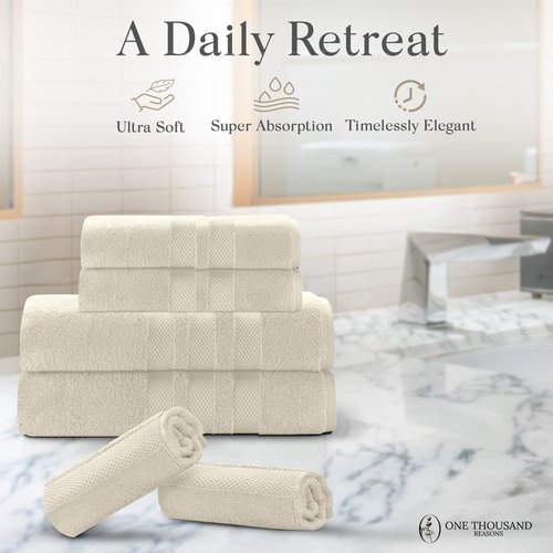 Premium Staple Cotton Bathroom Towel Set - Beige 600 GSM 6-Piece Luxury Bath Towel Set 3 Stripe - 2 Bath Towels, 2 Hand Towels & 2 Washclothes Set - High Absorbent & Quick Dry for Gym, Spa, Hotel
