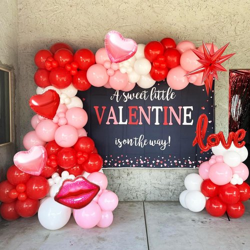 Pink Balloons Garland Kit, Red Pink White Balloons Arch Kit with Red Heart Love Lips Foil Balloons Explosion Star Balloons for Anniversary Galentines Wedding Romantic Decorations