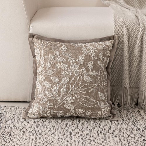 DWR Pack of 2 Decorative Throw Pillow Covers 18x18 – One Dark & One Light Khaki, Textured Woven Botanical Pattern Pillowcase with Handcrafted Look, Farmhouse Boho Accents for Couch or Bed