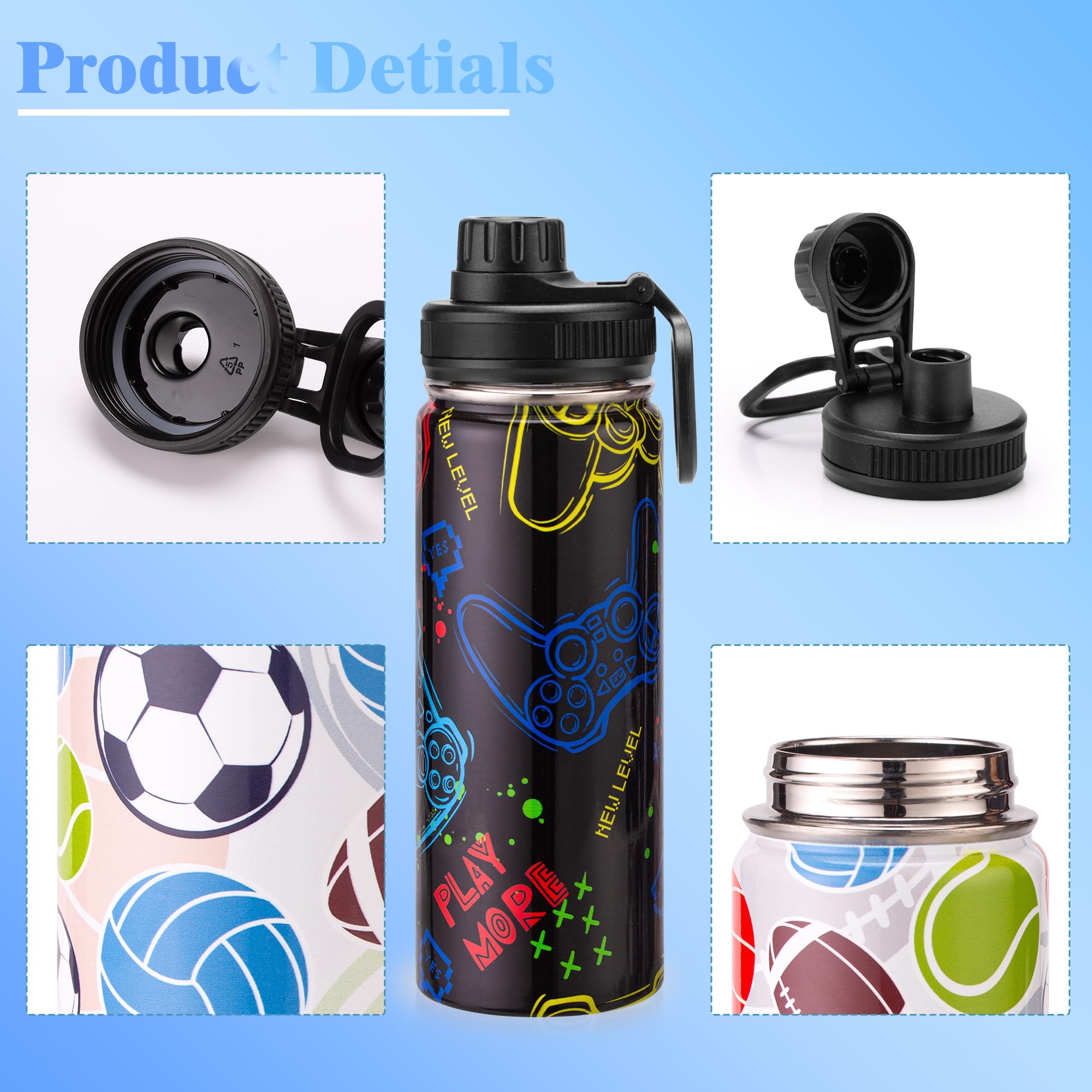 Skyflora 18oz Insulated Water Bottle with Straw Lid & Spout Lid, Game Controller, Gift for Kids Boys Girls Student Sports Travel Fitness Hiking Outdoors, Double Wall, Hands Wash Only, Black