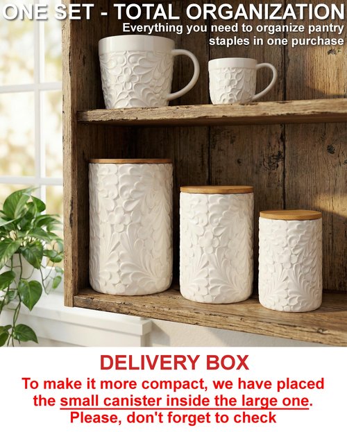 Engraved Design Kitchen Canisters Set of 3 with 74 Oz, 36 Oz, and 18 Oz - White Storage Jars for Countertop with Airtight Bamboo Lids - Large Flour Tea Coffee Sugar Spices Container - Decorative