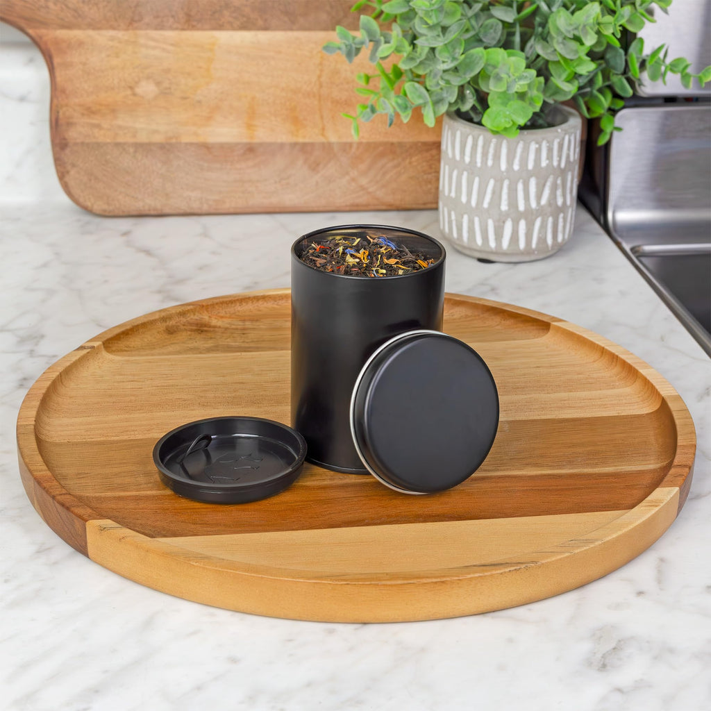 Cornucopia Brands Double Seal Tea Canisters (6-Pack); Black Metal Round Tea Tins w/ Interior Molded Plastic Seal