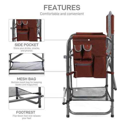 EVER ADVANCED Medium Tall Directors Chair Foldable Makeup Artist Chair Bar Height with Side Table Cup Holder and Pocket Footrest, Supports 400LBS (Red Brown, Seat Height: 23.2 inches)