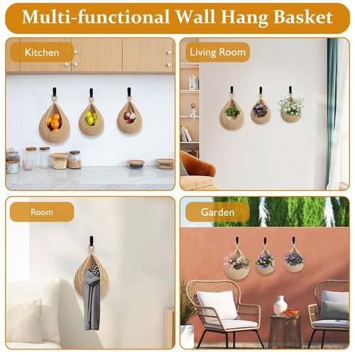 Hanging Fruit Basket for Kitchen, 3 Pack Wall Hanging Fruit Baskets with 3 Hooks, Boho Hanging Wall Basket, Hanging Kitchen Baskets for Fruits, Vegetables and Onion Storage, Linen