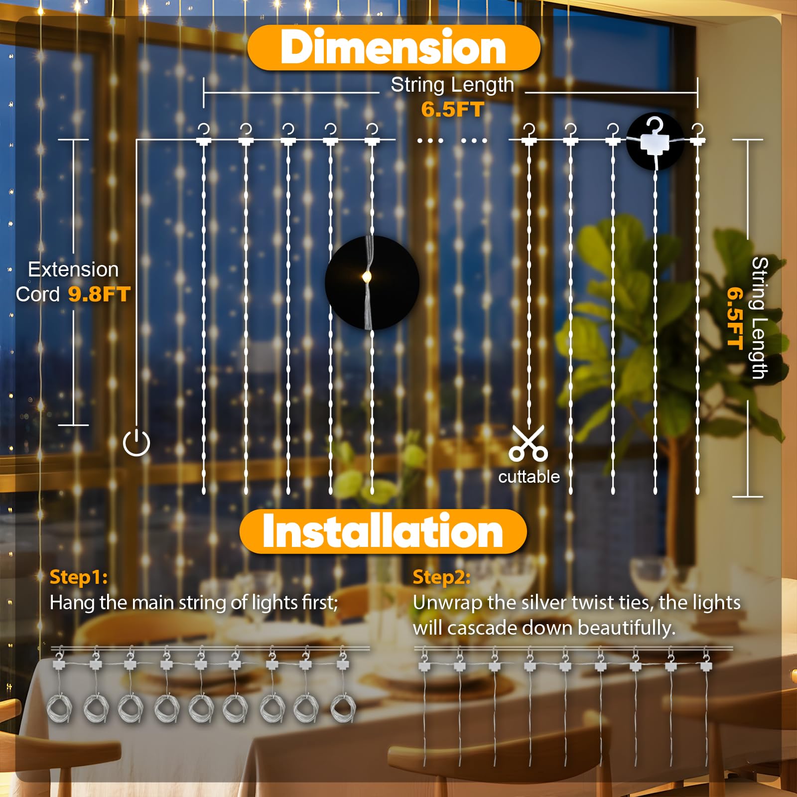 suddus Tangle-Free Curtain Lights,200 LED 6.5x6.5ft Hanging Lights with Hooks, Curtain Lights for Bedroom,Christmas, Dorm, Wall, Backdrop, Window, Wedding, Party, Birthday Decor, Warm White