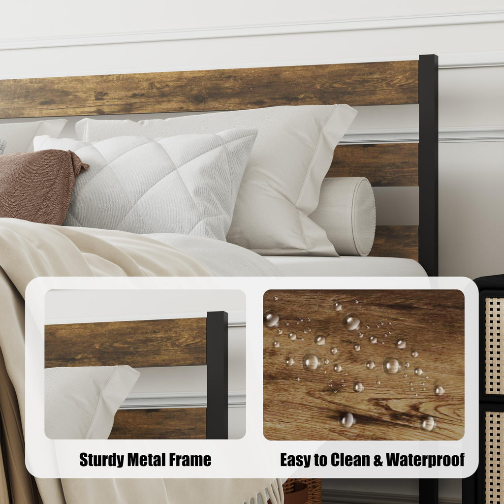 ZZBINUS Metal Platform Bed Frame with Headboard, Twin Size 39.0W x 77.7L x 36.2H inches, Wood and Faux Leather, Walnut (Walnut Colour, Twin)