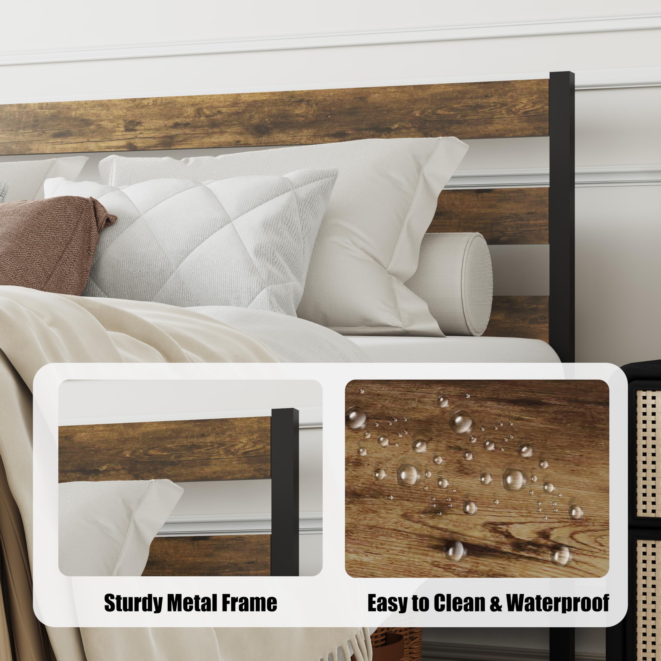 ZZBINUS Metal Platform Bed Frame with Headboard, Twin Size 39.0W x 77.7L x 36.2H inches, Wood and Faux Leather, Walnut (Walnut Colour, Twin)