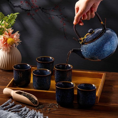 Layhit Japanese Asian Tea Set for Adults with 1 Teapot 6 Cups 1 Tray Traditional Portable Japanese Kiln Altered Glaze Porcelain Tea Set for Women Mother's Day Gifts(Blue)