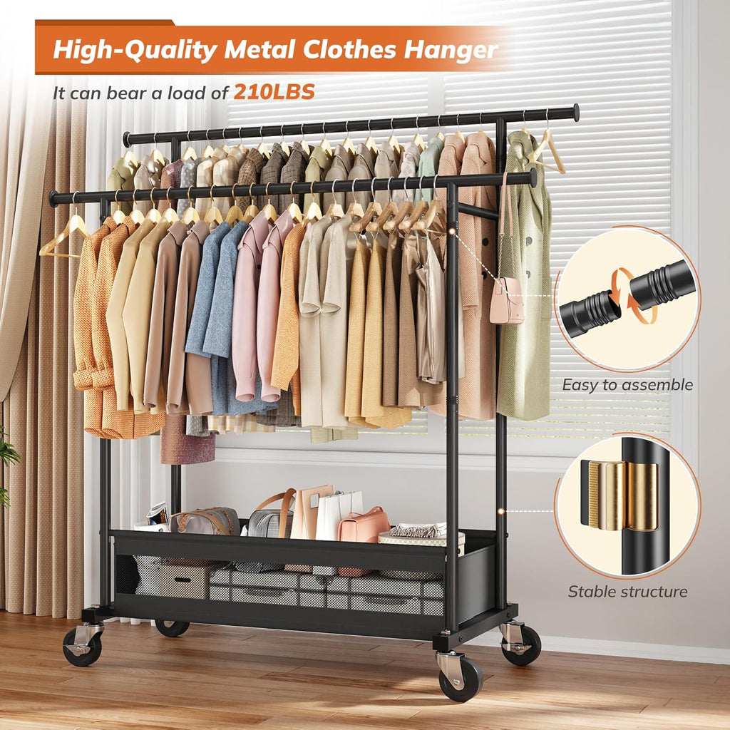Skiennix Double Rod Clothing Rack - Rolling Garment Rack with Storage Basket & Heavy-Duty Wheels | Black