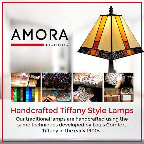 Amora Vintage Tiffany Table Lamp - Yellow & Tan Glass Nightstand Lamp - Table Night Light -Tiffany Lighting - 15” Stained Glass Lamps for Living Room