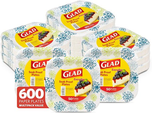 Glad Everyday Round Paper Plates, Blue Hydrangea Print Disposable Dessert Plates for Meals and Parties, Soak Proof and Cut Resistant, Microwave Safe Tabletop Plates, 7 Inch, 50 Count - 12 Pk