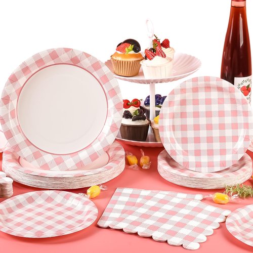 175Pcs Pink Gingham Party Supplies Pink Gingham Paper Plates and Napkins Cups Checkered Plates Disposable LightPink and White Plaid Party Decor for Birthday Family Fall Picnic BBQ,Serves 25 Guests