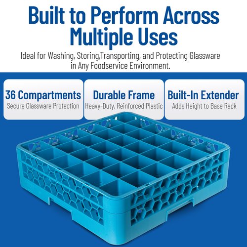 Carlisle FoodService Products Opticlean Divided Glass Rack with 36 (4.75 x 2.91 Inch) Compartments for Kitchen and Restaurant, Plastic, 19.88 x 19.88 x 5.50 Inches, Blue