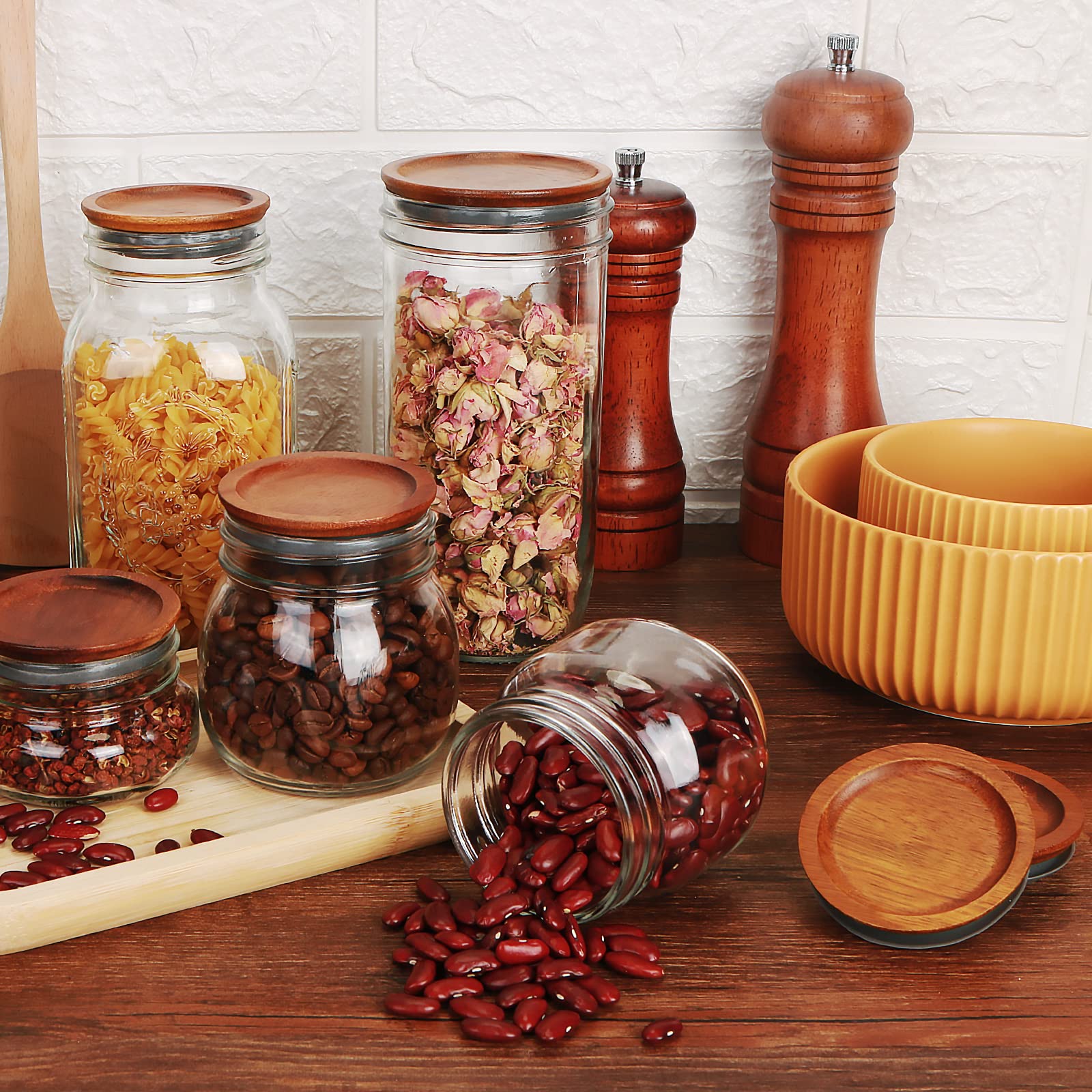 6Pack Wide Mouth Mason Jar Lids Acacia Wooden Storage Canning Jar Lids Ball Jars Bamboo Wooden Lids with Airtight Silicone Seal, Brown