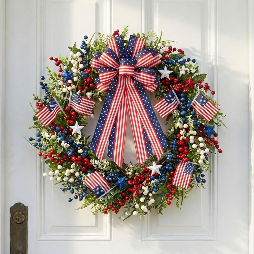 YKW Large Patriotic Bow - American Flag Wreath Decoration for 4th of July & Memorial Day - Classic Blue Design
