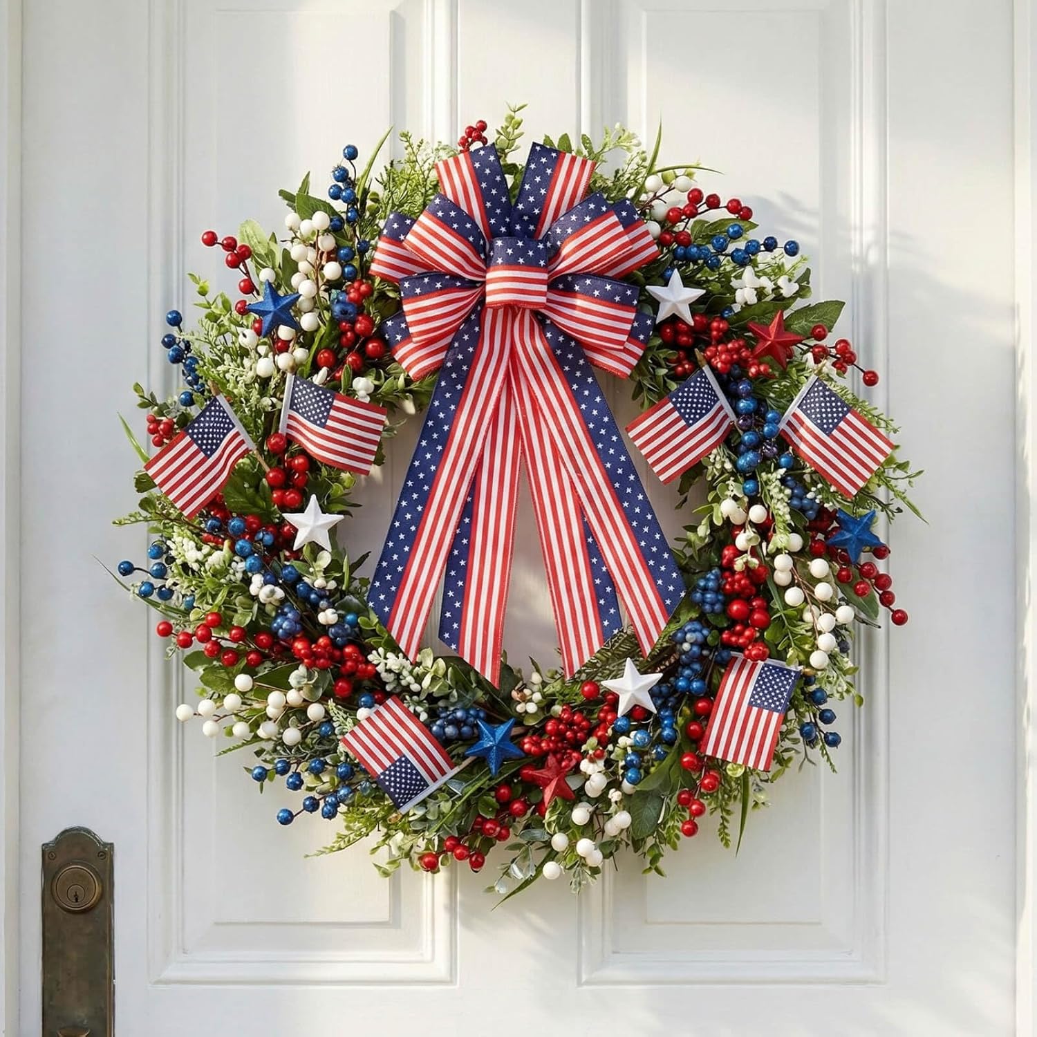 YKW Large Patriotic Bow - American Flag Wreath Decoration for 4th of July & Memorial Day - Classic Blue Design
