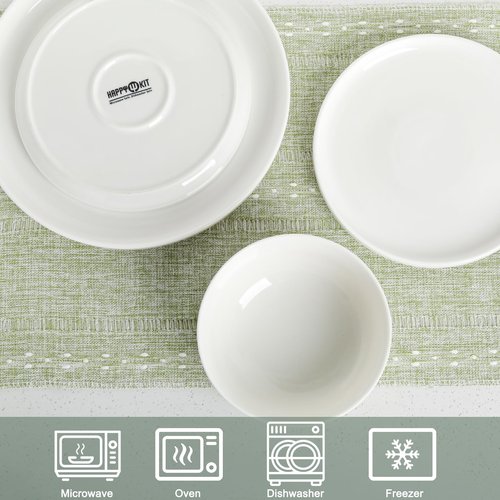HAPPY KIT 12 Pieces Porcelain Dinnerware Set, Serving Plates and Bowls Set for 4, Chip and Scratch Resistant White Kitchen Dishware Sets, Thick-edge Non-slip Design
