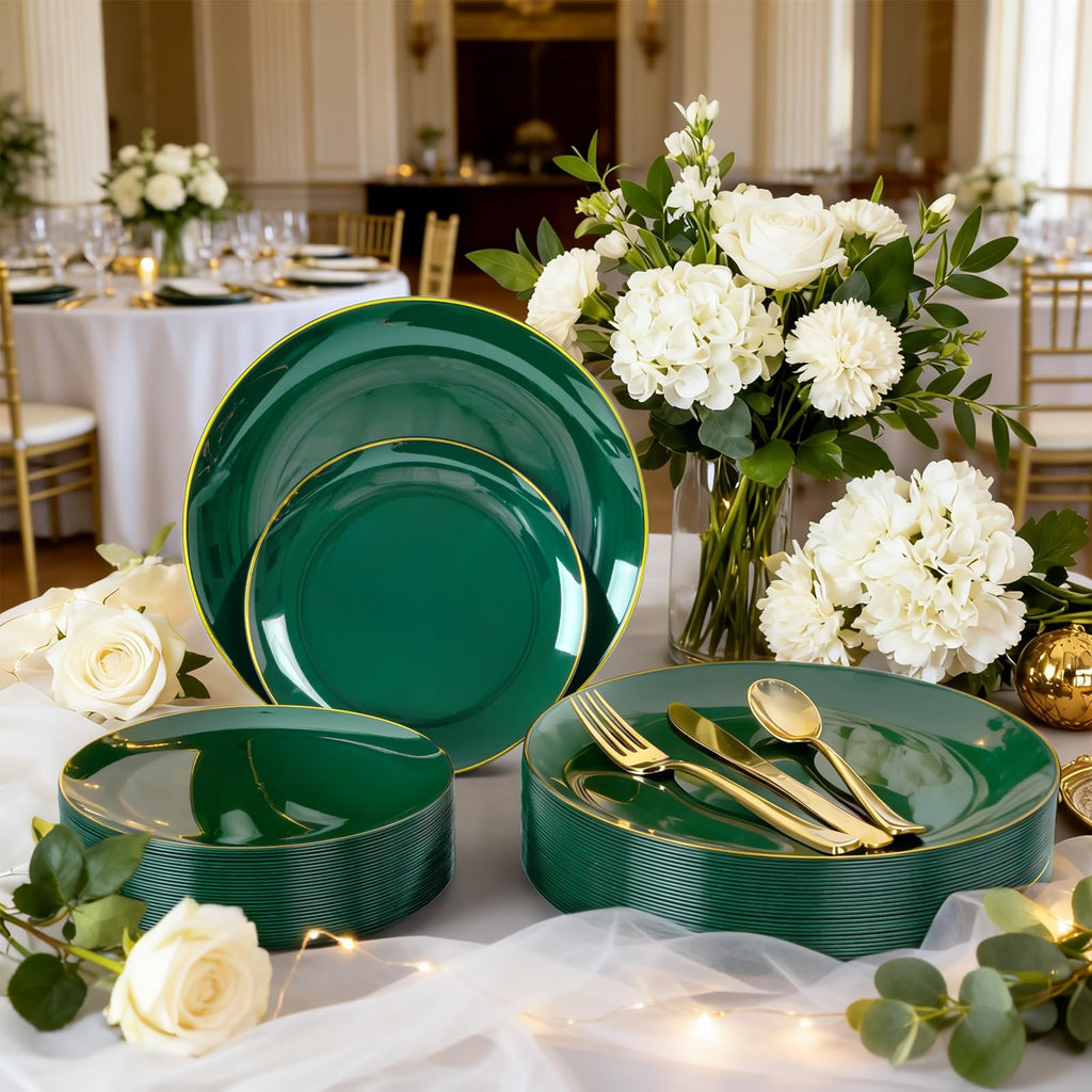 YOUBET 125PCS Green Plastic Plates - Green Disposable Plates With Gold Rim Include 25 Dinner Plate, 25 Dessert Plate, 75 Gold Plastic Silverware for Party Wedding