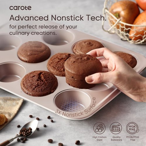 CAROTE 7-Piece Nonstick Bakeware Set - Stackable Baking Pans Including Cookie Sheets, Muffin Pan, & More | Gray & Khaki