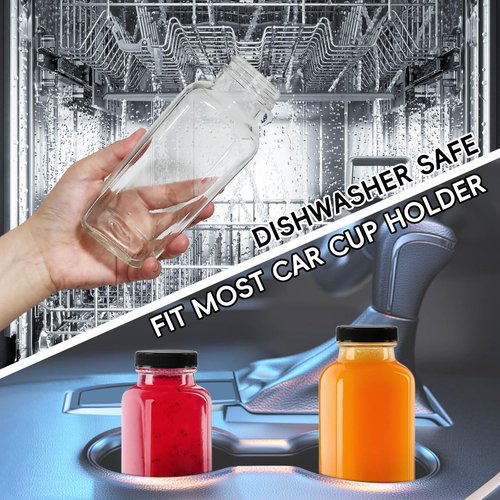 Yokodaza 8 oz Glass Juice Bottles with Lids 12-Pack - Reusable Small Juice Drinking Jars for Green Juices, Shots & Smoothies