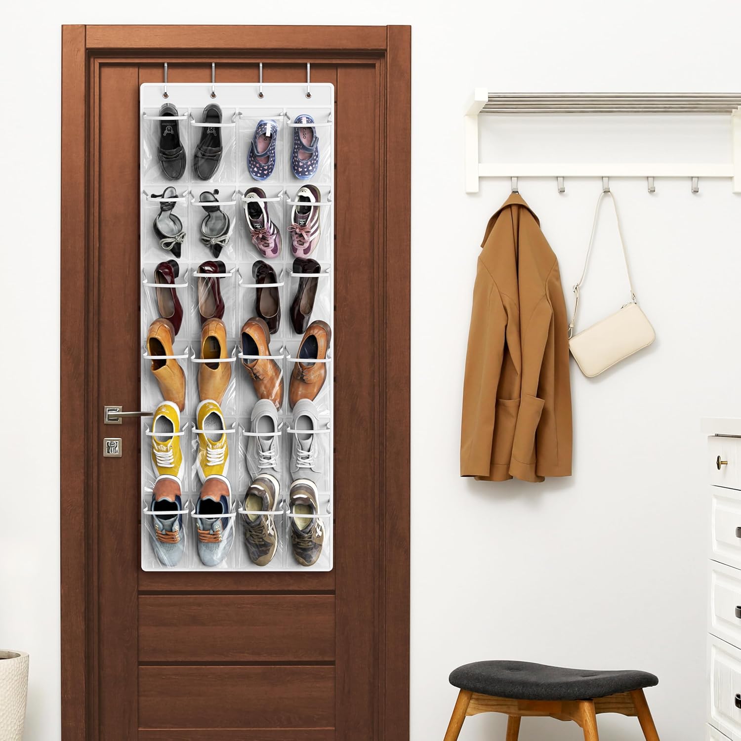 Simple Houseware Over The Door Hanging Shoe Organizer - 24 Large Clear Pockets, White (56" x 22.5")