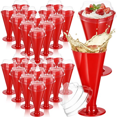 Acellegic 40 Pcs Valentine's Day Cups Heart Shaped Champagne Flutes with Lids 5.6 oz Dessert Cups Plastic Disposable Champagne Glasses for Parties, Bar, Events, Wedding Party Supplies (Red)