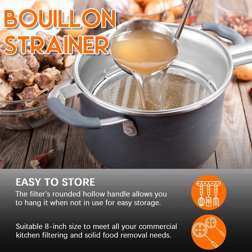 SiliFine Stainless Steel Reinforced Bouillon Sieve Strainer Cone Fine Mesh Strainer with Handle and Rubber Pestle for Kitchen Food Cooking(8 Inch)