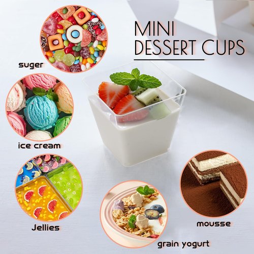 Jnnzzggu 100Pcs 3.5 oz Mini Dessert Cup with Spoons,Square Plastic Dessert Cups,Clear Parfait Appetizer Cup for Ice Cream,Birthday,Parties,Jellies,Nuts,DIY,Wedding