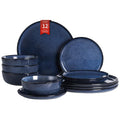 Ceramic Plates and Bowls Sets: 12 Piece Porcelain Dinnerware Sets, Stoneware Kitchen Dishes Set for 4, Scratch Resistant Plate Set, Microwave Dishwasher Oven Safe, Reactive Glaze (Blue)