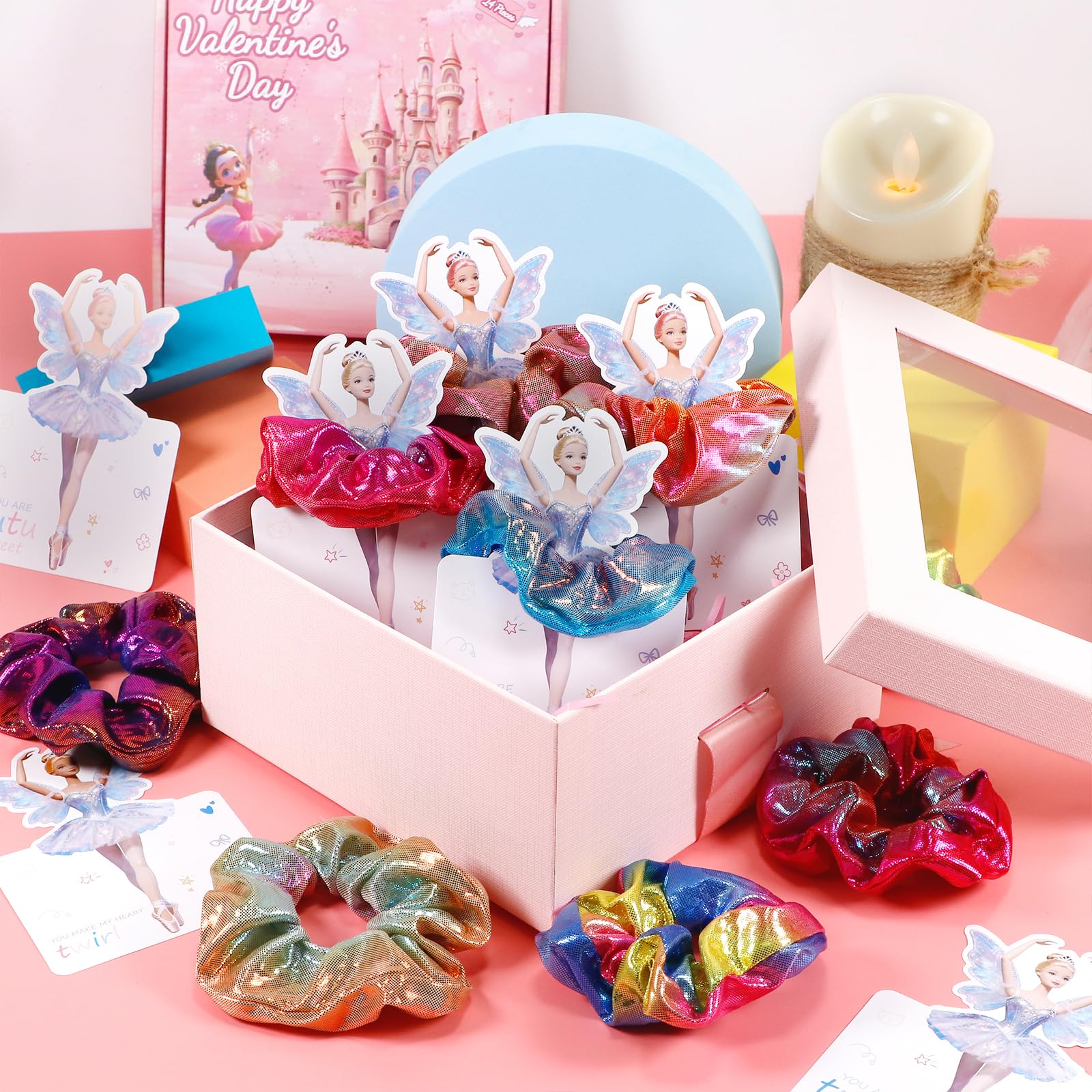 pozemu Valentines Day Gifts for Kids 24 Pack Ballerina Cards with Hair Scrunchies for Valentine Classroom Exchange Unique Valentines Day Cards for Kids School, Party Favors for Girls