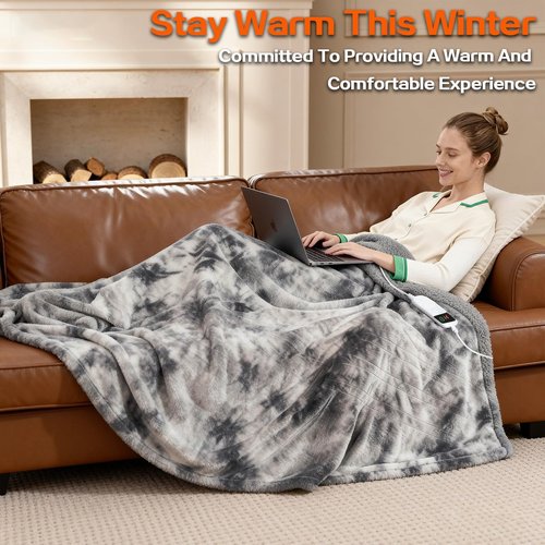 Cushious Electric Heated Blanket Throw 50''x60''Size Faux Fur Heating Blanket 10 Heating Settings, 1-8h Timer & Overheat Protection, Machine Washable, Soft Flannel and Sherpa Full Body Warmth