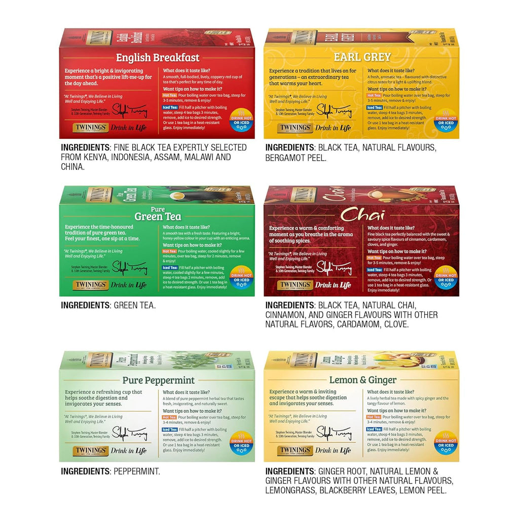 Twinings Variety Pack Tea Bags - 25 Count (Pack of 6) | Includes English Breakfast, Earl Grey & More