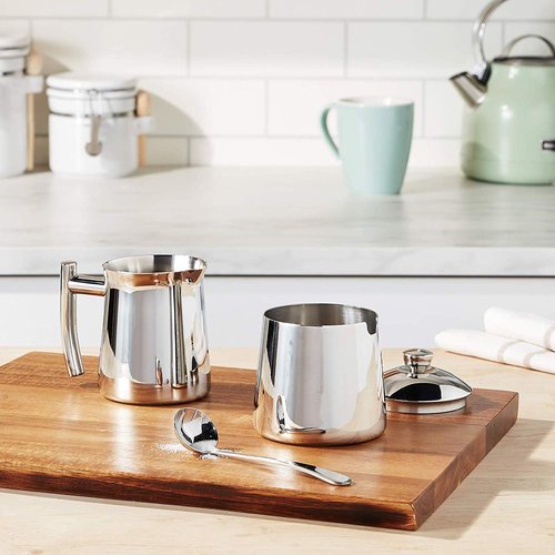 Frieling USA 18/10 Stainless Steel Sugar and Creamer Set - Coffee & Tea Accessories with 10 Oz Metal Creamer Pitcher & Sugar Bowl with Lid